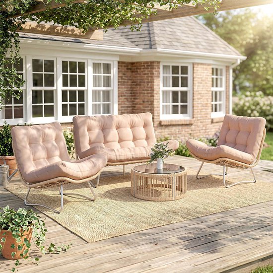 Pugsdrly Tuinset 4-delig polyrotan loungeset met tweezitsbank, 2 fauteuils, glazen tafel, brede & diepe zitting, dikke kussens
