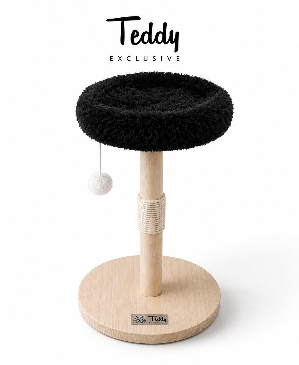 Teddy Exclusive Krabpaal Tommie – Luxe Kattenkrabpaal van Massief Hout met Ergonomisch Kussen – Voor Kleine en Grote Katten – H75 x Ø45 cm – Zwart