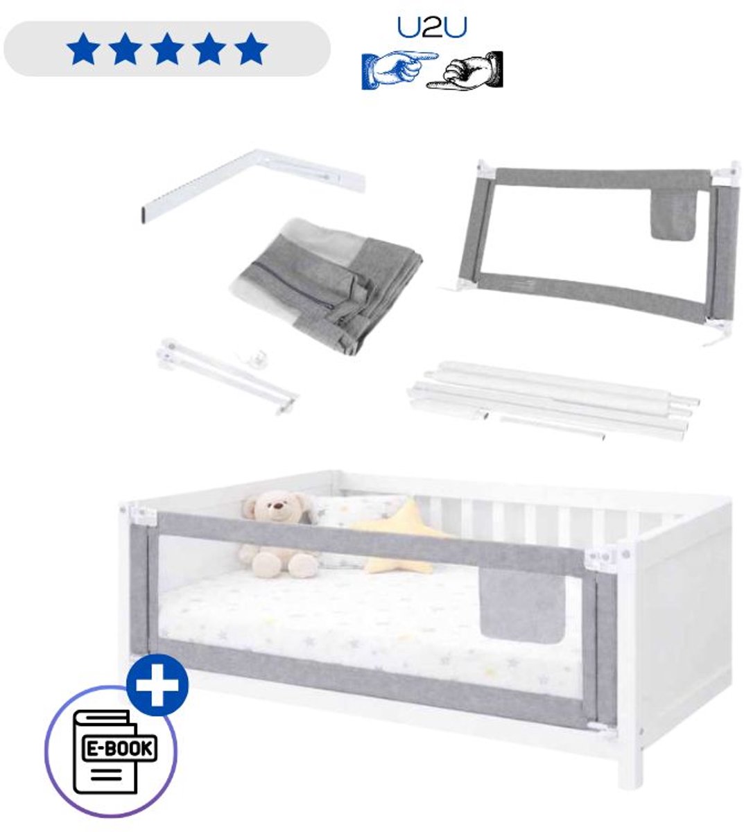 Bedhekje 160 cm Veiligheidsrek Kinderbed Uitvalbeveiliging Verstelbaar 71,5-101 cm Opklapbaar Bedrail Grijs Metalen Frame Polyester Mesh Veiligheidshekje Peuterbed Kinderveiligheid Slaapbeveiliging Eenvoudige Montage Met Ebook