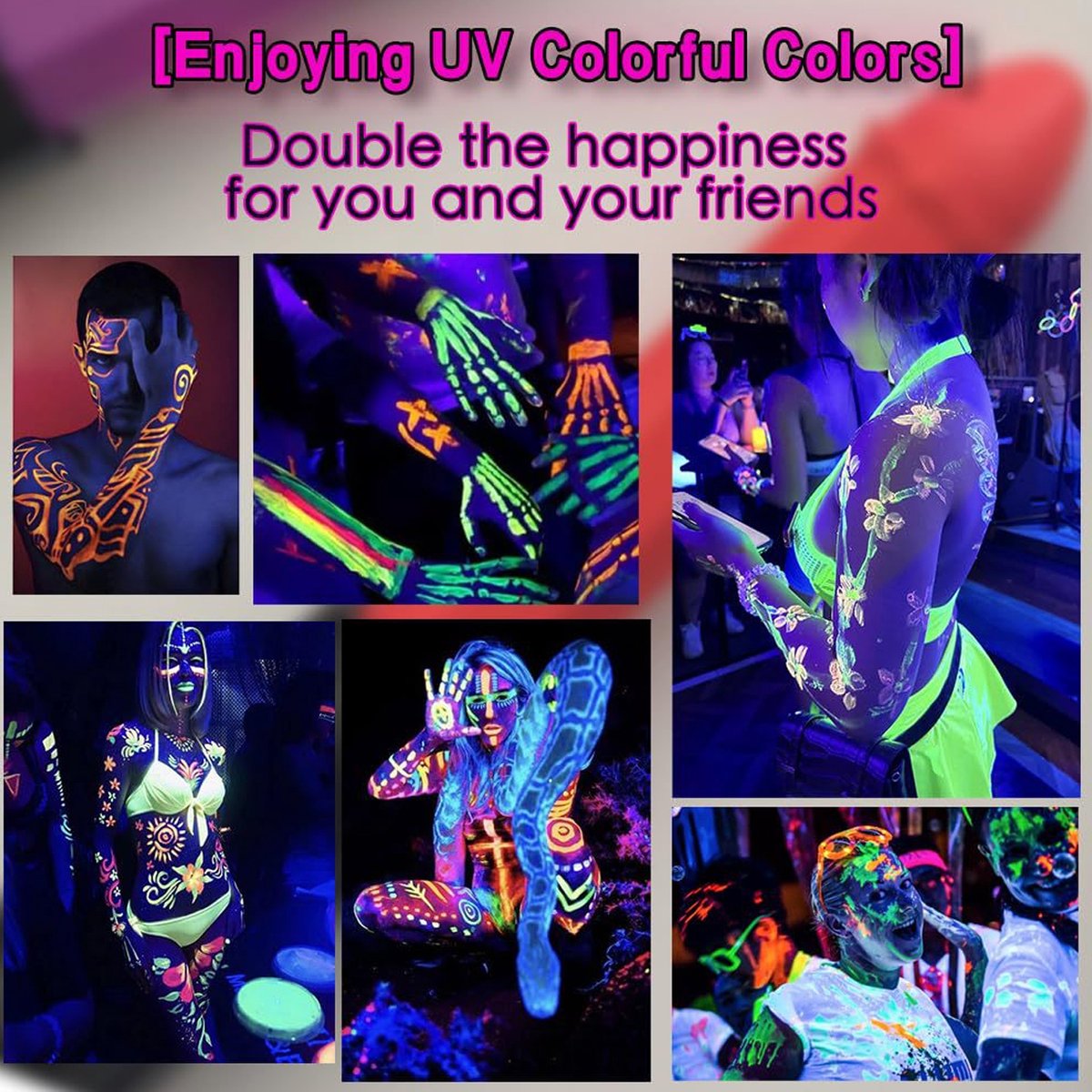 Schminkstiften - Schmink Set Krijtjes - 6 kleuren, 12 stuks -Fluoriserend UV Neon Glow in the Dark Krijtjes-Giftige Gezichtsverfkrijtjes voor Halloween Cosplay Make-up-Helderste Glow onder UV-Licht — afbeelding 2