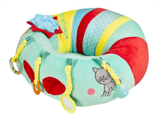 Zitje in de vorm van een rups, mintgroen met gestreepte rug. Met katten- en giraffeprint.