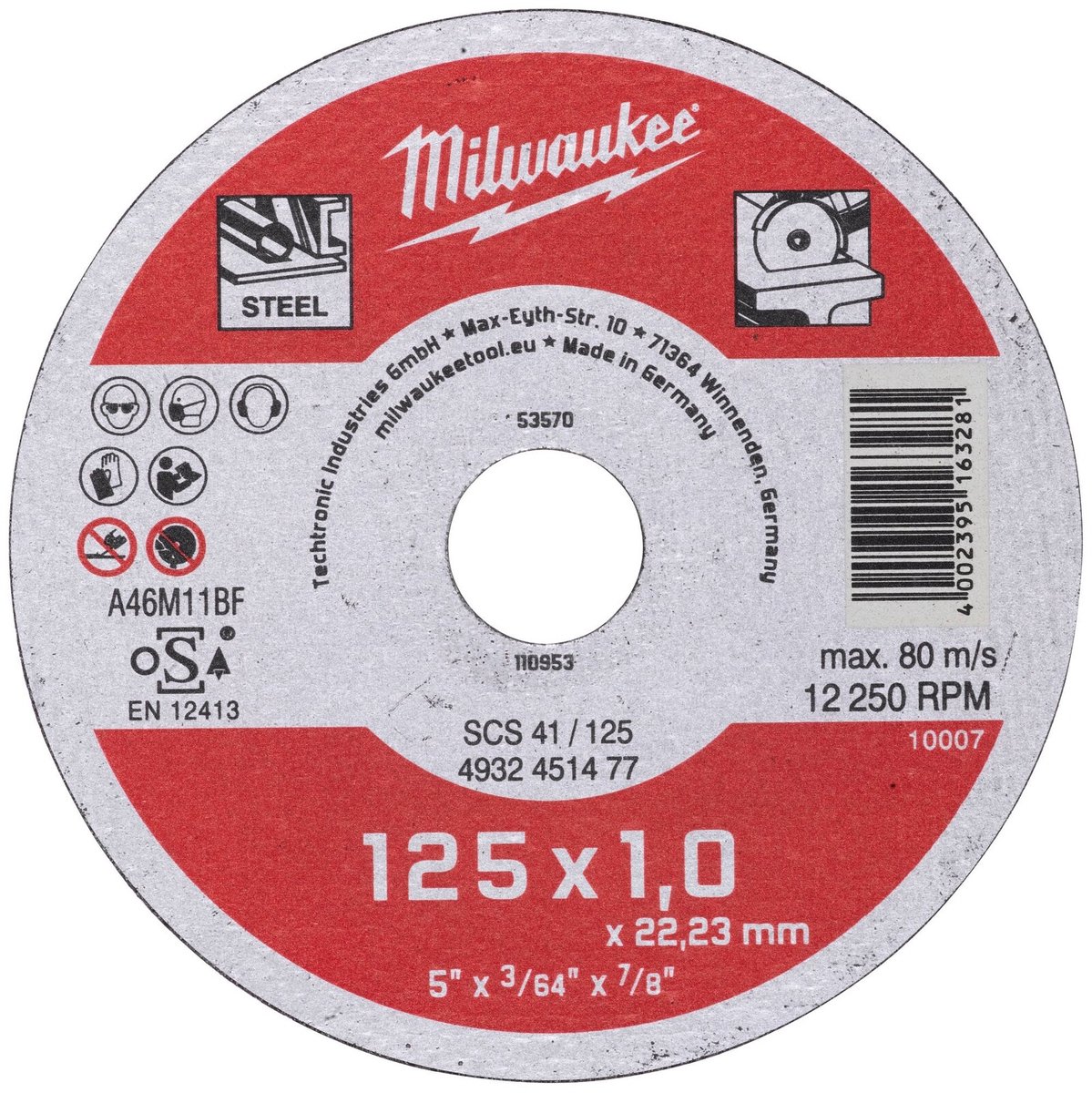 Milwaukee Dunne metaal snijschijf, contractor series SCS 41/125 x 1 x 22 mm opdrachtnemer series - 4932451477