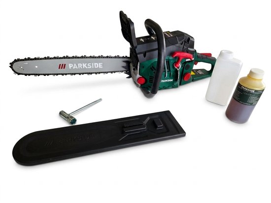 PARKSIDE® Benzine kettingzaag - Vermogen: 2 kW (2,72 pk) - Kettingsnelheid: 22,1 m/s - Zaaglengte: 45 cm - Inclusief beschermhoes, combinatiegereedschap, brandstofmengfles, 500 ml zaagkettingolie
