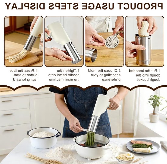 Draadloze Elektrische Pastamaker, Handheld en Draagbaar, 40W Voor Spaghetti en IJs, Inclusief 5 Drukmallen, Ideaal voor Gezinnen, Reizen en Picknicks — afbeelding 4