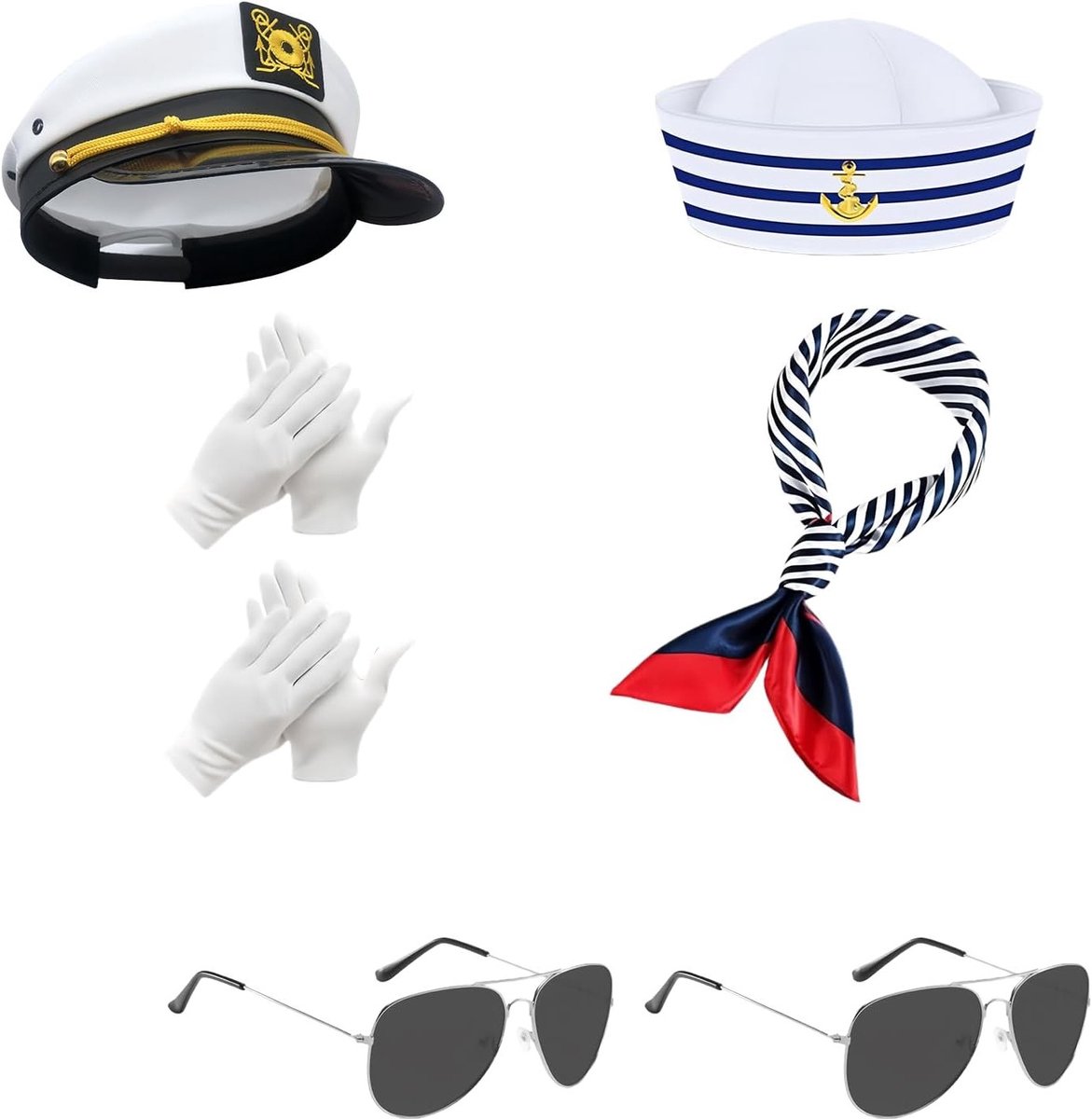 Zevendelig dames kostuum set voor zeeman met hoed, sjaal, handschoenen en bril – ideaal voor verkleedfeest, carnaval en nautische themafeesten