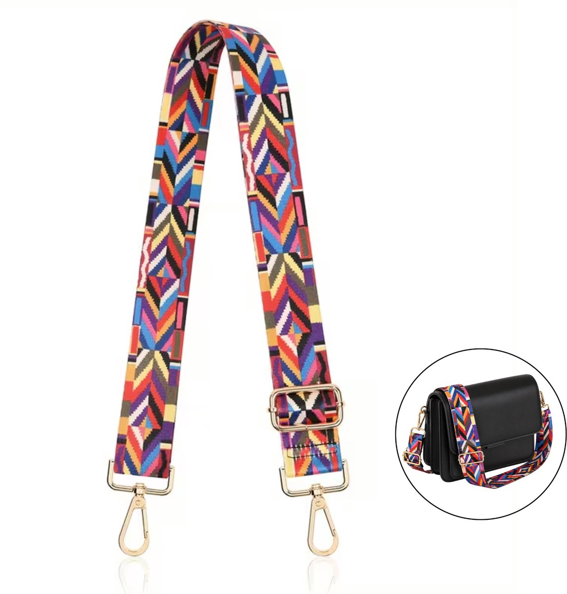 Luxamore® Bag Strap – Brede Tassenriem – Schouderriem Tas – Tassenhengsel Verstelbaar – Kleurrijk Geometrisch – Goud Metaal – Cross Body – Festival Dames – Handtas Bandje