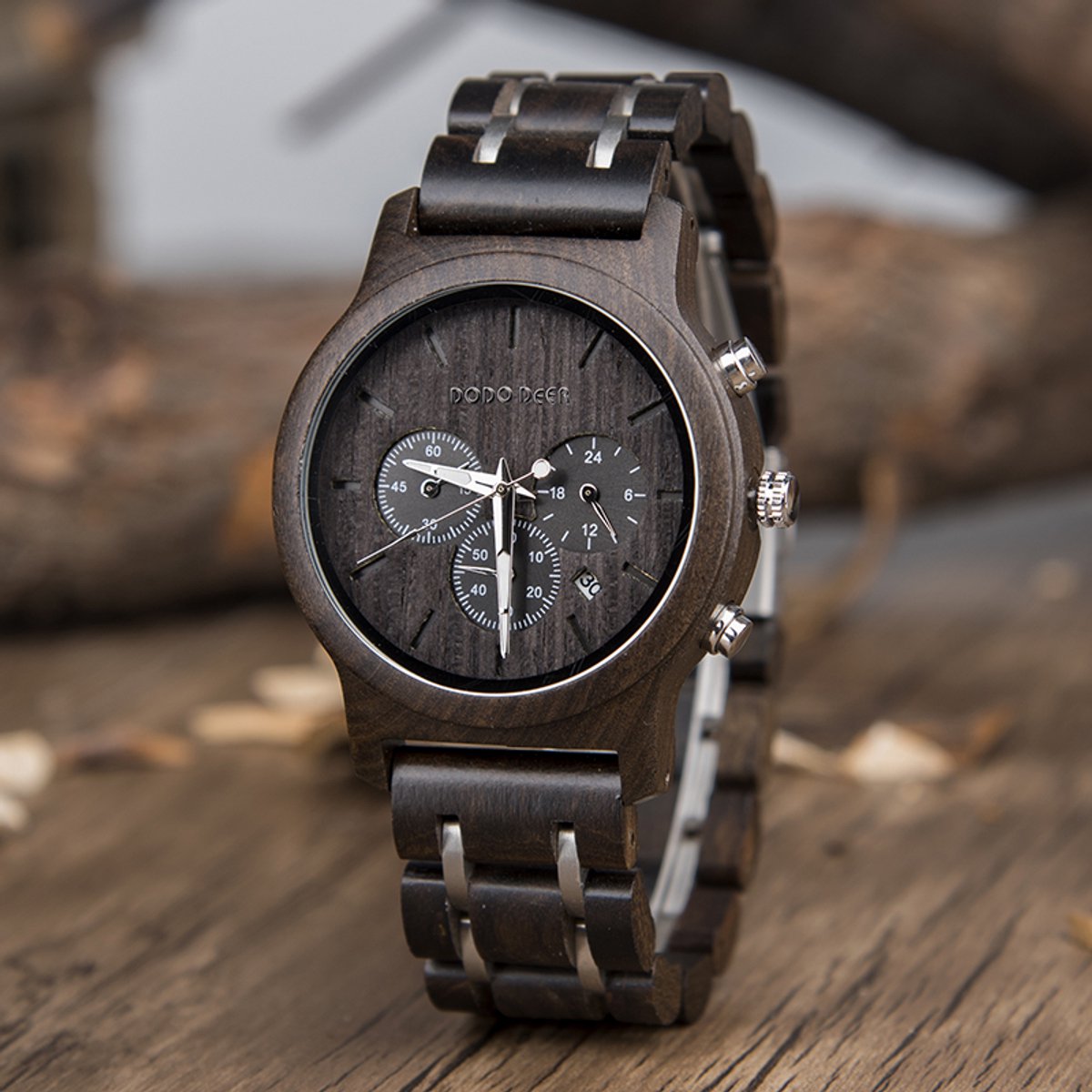 HO24-A25.1 : donker houten Chronograaf horloge, band houten & RVS schakels, dag ** KADO edelsteen armband
