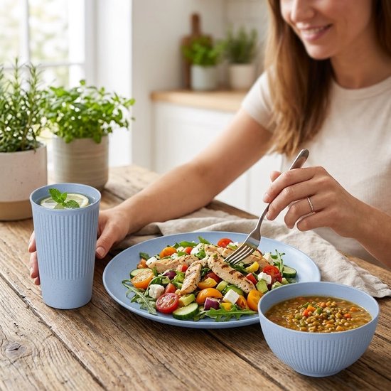 Blauw camping servies dames en heren 3 delige servies set met bord kom en beker lichtgewicht PP tafelgerei voor kamperen picknick outdoor reizen en dagelijks gebruik — afbeelding 5