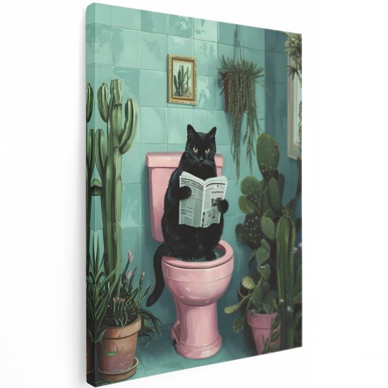 Artaza Canvas Schilderij Zwarte Kat - 60x80 cm - Wanddecoratie Toilet - Muurdecoratie Krant - Decoratie Cactus - Kamer Accessoires