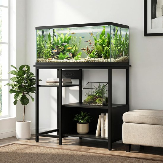 Robuust Aquarium Meubel met Stopcontacten (Exclusief Aquarium) - 150-190 Liter - 4 Open Planken - 300 kg Draagkracht - Hout & Metaal - 93x48x78 cm - Zwart