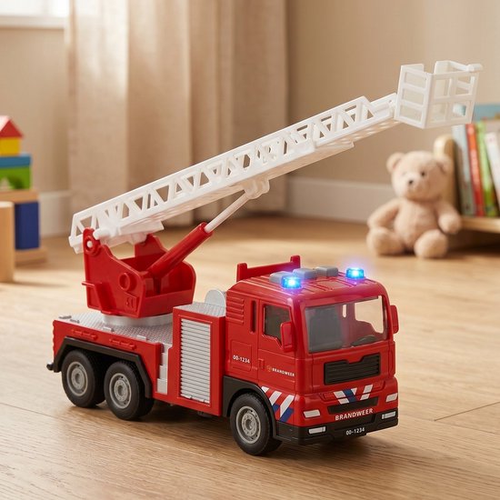 Rode brandweerauto met uitschuifbare ladder, blauwe zwaailichten, in een kinderkamer. Teddybeer en boeken op de achtergrond.