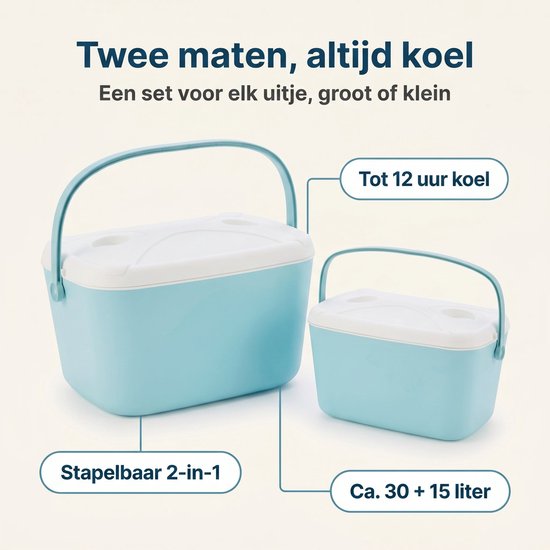 Cheqo® Koelbox Set van 2 - Lichtblauw - Passieve Koelbox voor Camping en Picknick - Draagbare Koeltas zonder Stroom - Geïsoleerd voor Strand en Auto - Passend in Elkaar - Frigobox - Coolbox - Festival - BBQ - Outdoor van Cheqo — afbeelding 2