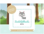 Een zachtgroene box met een schattige cartoon wolf en de tekst 'Zindelijkheids BOX'. Daarboven staat '* DROOG * IN 1 WEEK'.