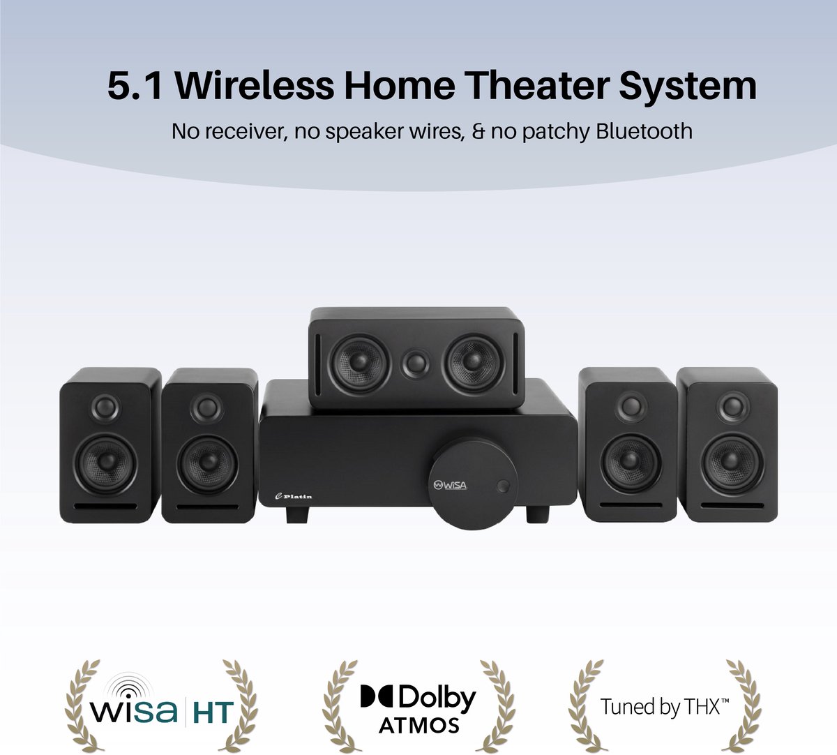 Re-purelife® 5.1 draadloos homecinemasysteem Monaco met Dolby Atmos, WiSA & THX, zwart surround sound set, 43.7×40.7×36.3 cm