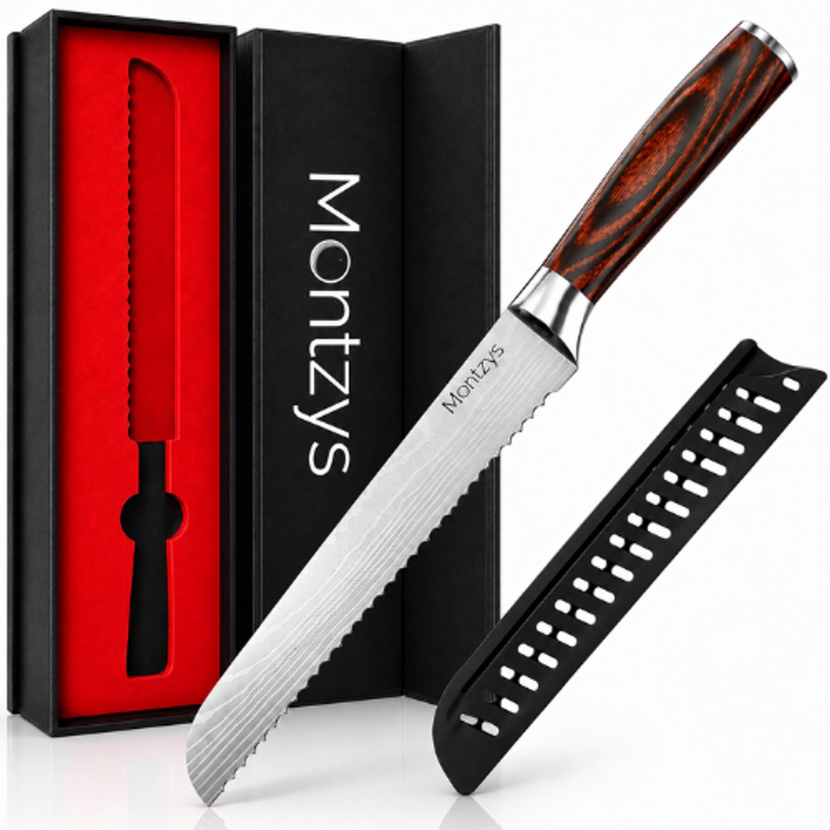 Montzys® Professioneel Broodmes - 20CM & Vlijmscherp - broodsnijder & Keukenmes met Japans Damascus Stijl - RVS broodmessen Gekarteld - Inclusief Luxe Geschenkdoos
