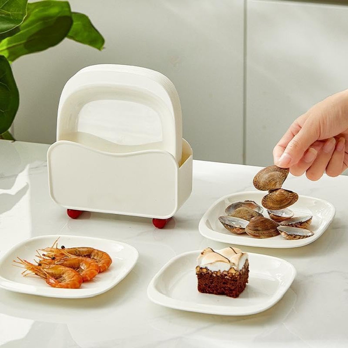 8-delige Set Bijgerechtbordjes Met Houder - Wit - Multifunctionele Kunststof Bordjes Voor Salade - Fruit - Dessert En Snacks - Afmeting 17.4x15.2 cm