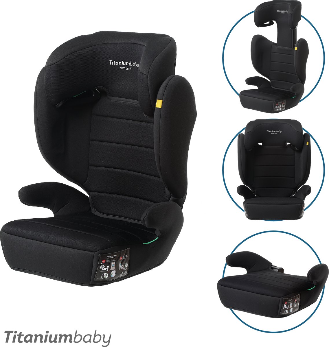 Titaniumbaby Autostoel Smart Lucky I-size gordel all black - rugleuning afneembaar/gebruik als zitverhoger