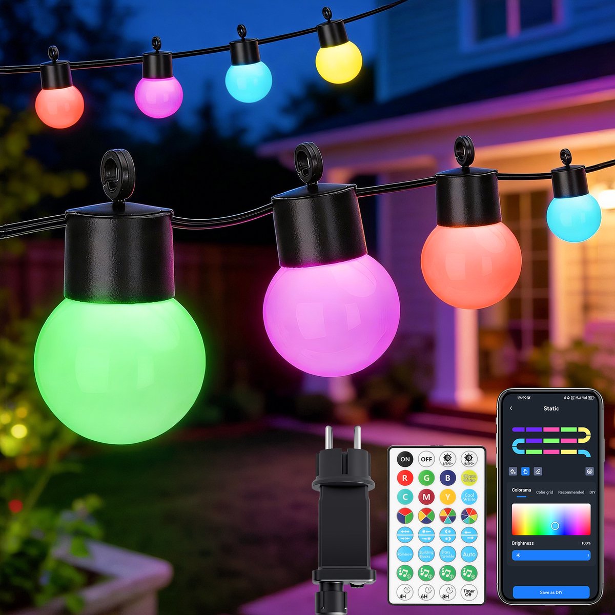 Aigostar 103VG - Lichtsnoer 5 Meter - RGB - 25LED's - Dimbaar - IP44 - Binnen & Buiten - Met Afstandbediening en App - Kerstverlichting - Zwart