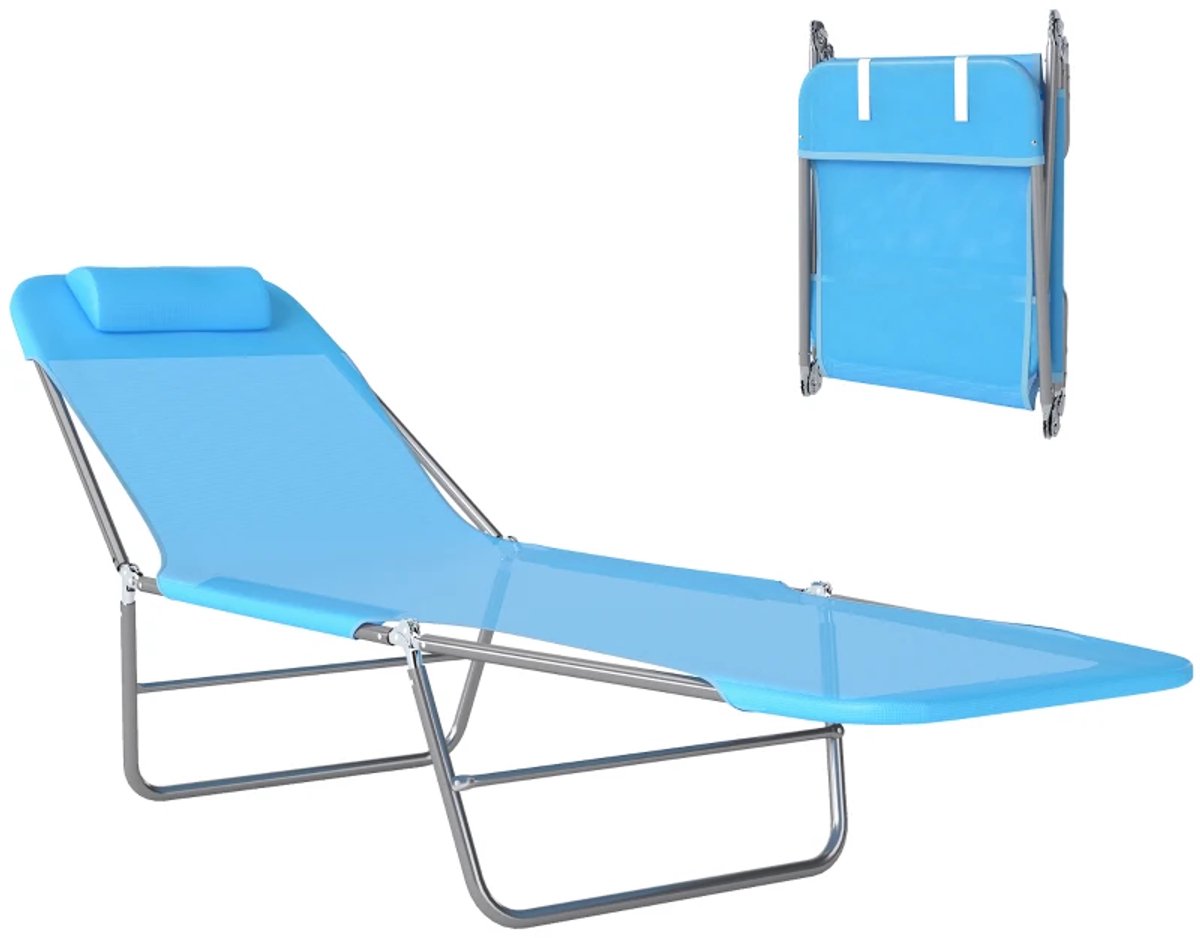 Ligbed met Hoofdsteun - Opvouwbaar - Ligstoel met 5-standen Verstelbare Rugleuning - Tuinstoel - Strandstoel - Campingligstoel - tot 120 kg - Zonnebed - Relaxstoel voor Tuin, Terras, Zwembad & Balkon - Blauw