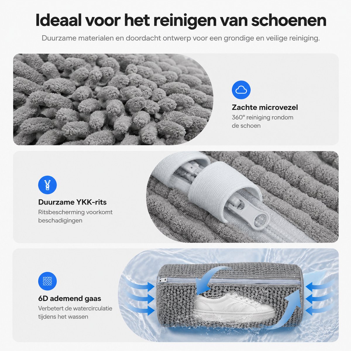 BOTC Schoenwaszak - Waszak voor schoenen - 2stuks - Herbruikbaar - Wasmachine&Droger - voor Sneakers en Tennisschoenen- Grijs/Blauw — afbeelding 4
