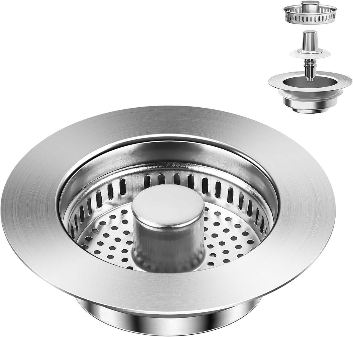 Pop-up afvoerzeef voor keuken, 3-in-1 roestvrijstalen afvoerstopper met anti-verstopfunctie, geschikt voor spoelbakken van 75-86 mm