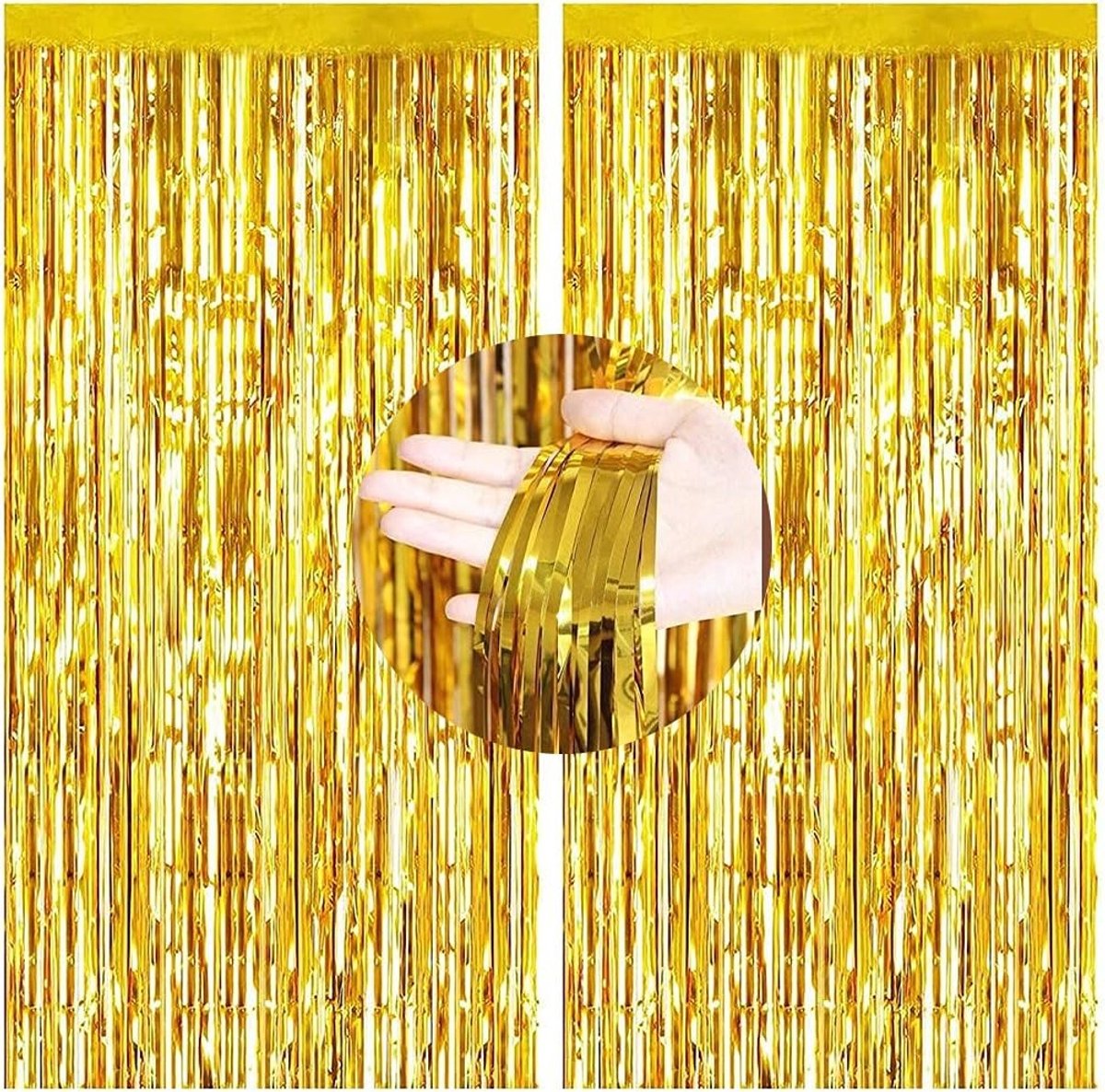 Set van 2 Metallic Lamellen Gordijnen met Decoratieve Folie Fringes voor DIY Fotobooth Achtergrond en Raamdecoratie, Goudkleurig
