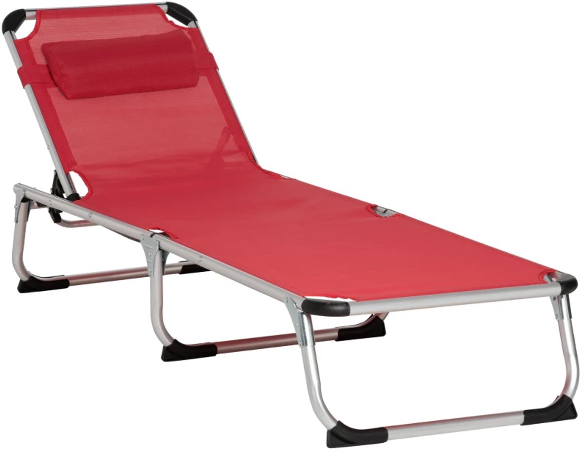 Ligbed met Hoofdsteun - Opvouwbaar - Ligstoel met 4-standen Verstelbare Rugleuning - Tuinstoel - Strandstoel - Campingligstoel - tot 120 kg - Zonnebed - Relaxstoel voor Tuin, Terras, Zwembad & Balkon - Rood