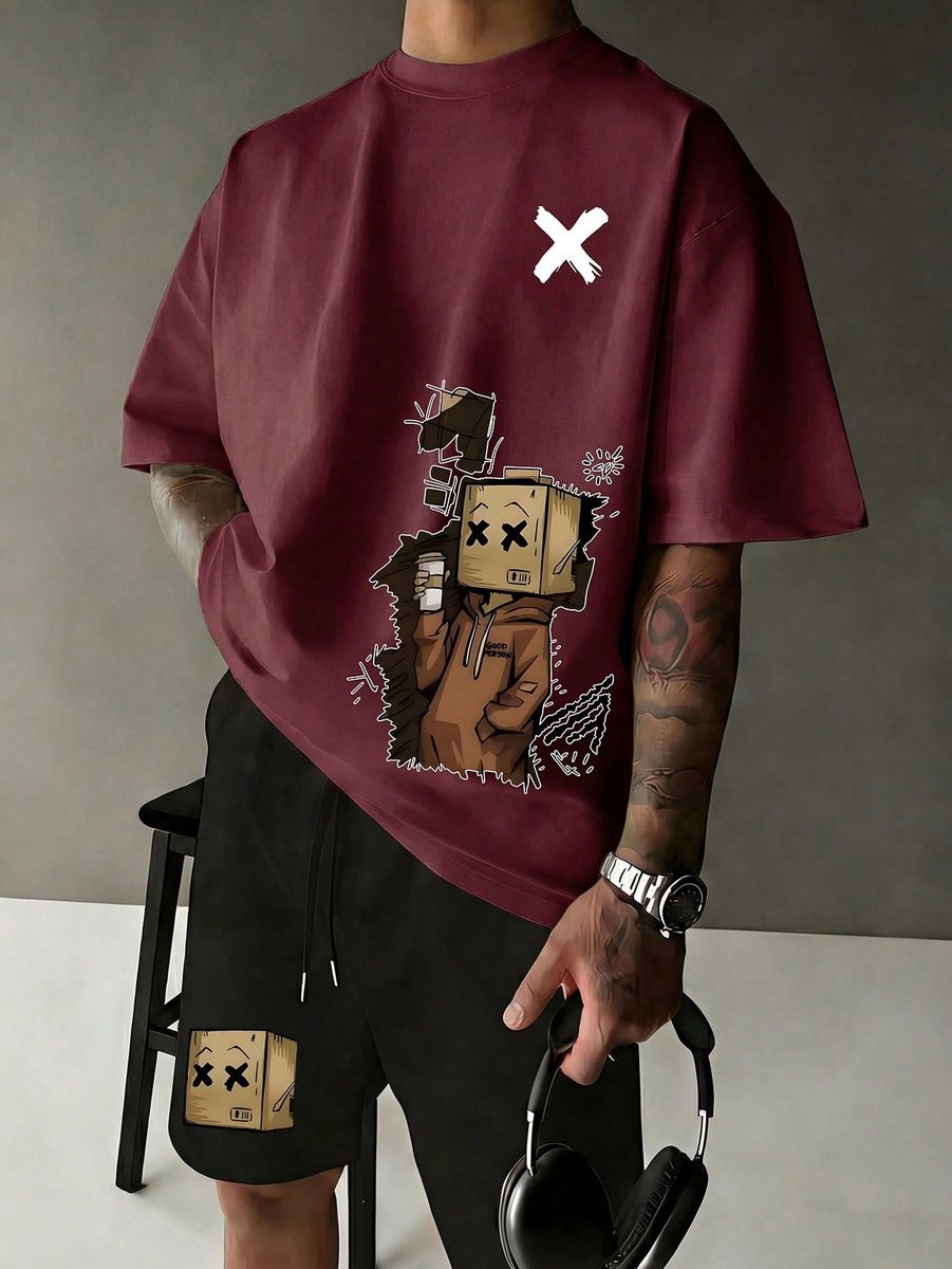 Stijlvolle en Comfortabele Heren Pyjama Set met ‘Kartonman’ Schriftprint Zachte Katoenmix Perfect voor Ontspannen Dagen en Nachten 2XL-3XL Bordeaux