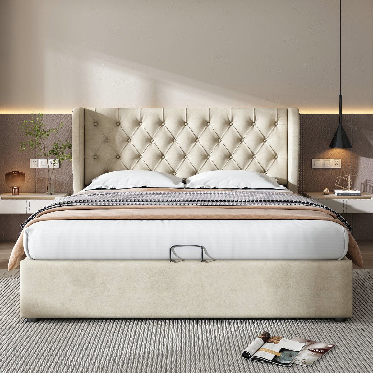 VVBV Bed met opbergruimte 140x200 / Gestoffeerd bed 140x200 / Tweepersoonsbed 140x200 – met Hydraulische Opbergruimte, Lattenbodem – Fluweel – Beige