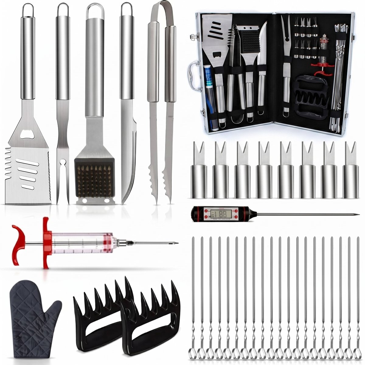 Kyto Grill - 39-delig Luxe BBQ Accessoires gereedshapset incl. allu opbergkoffer - Vleestang - Thermometer - Schuurborstel - Mais en Sjaslick spiezen - Handschoen - Vleesmes - Vleesvork - Pull pork vleesklauwset - Marinade injectiespuiten etc