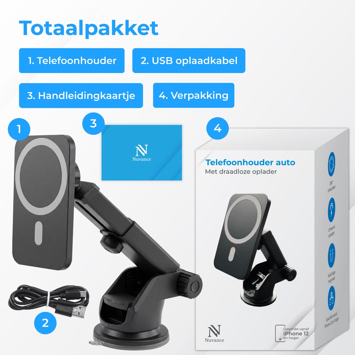 Nuvance Telefoonhouders Auto - Telefoonhouder met Zuignap - Geschikt voor MagSafe - Incl USB-C kabel - Draadloze Oplader - Gsm Houder Auto – foto 8