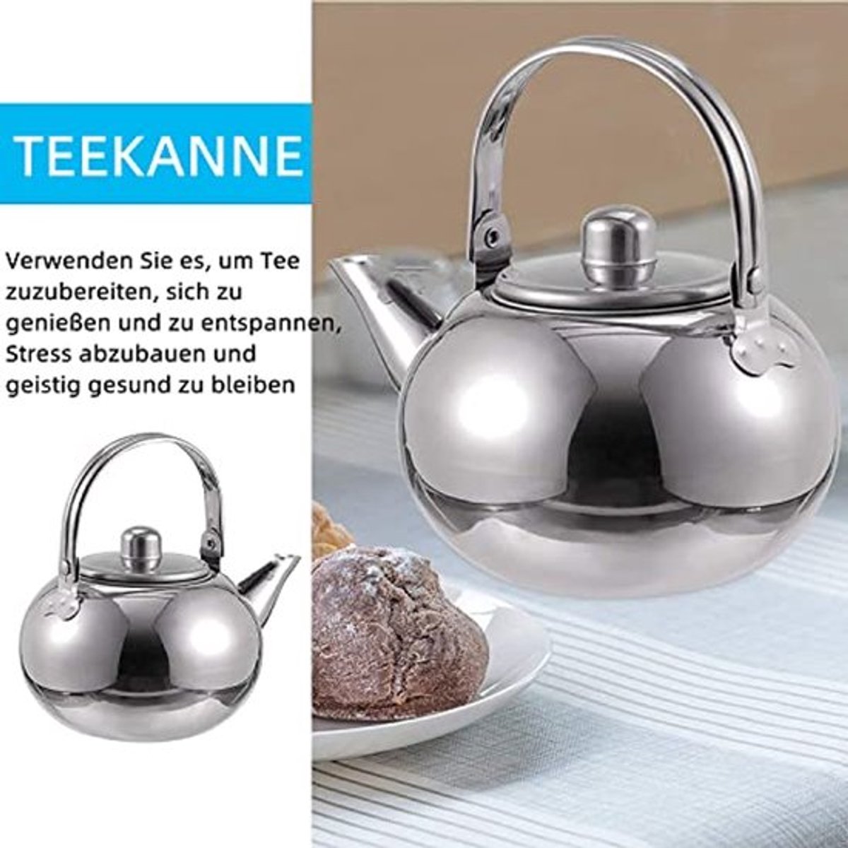 Waterkoker met zeef, ca. 1 liter, roestvrij staal, theepot, waterkoker, voor kokend heet water, grote inhoud, geïsoleerde handgreep, spiegel