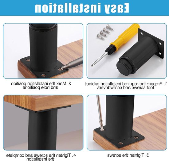 Verstelbare meubelpoot set van 2: Hoogte verstelbare steunpoten voor meubels, bedden en tafels, gemaakt van koudgewalst staal (zwart) — afbeelding 2