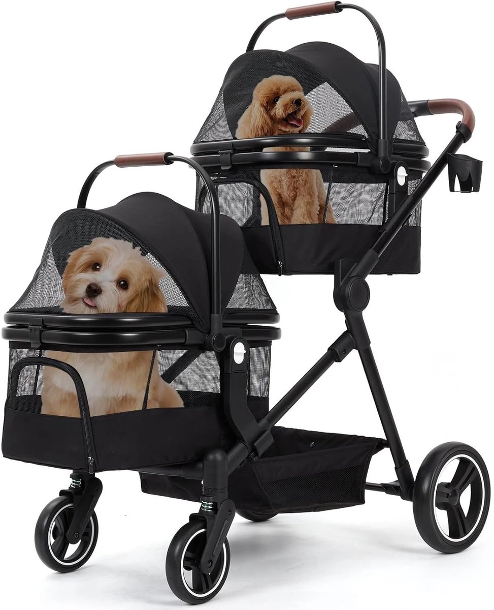 Lifero Hondenbuggy - Hondenwagen 2 Huisdieren – 2-in-1 Opvouwbare Buggy en Draagmand – Hondentrolley – Wandelwagen Honden Zwart