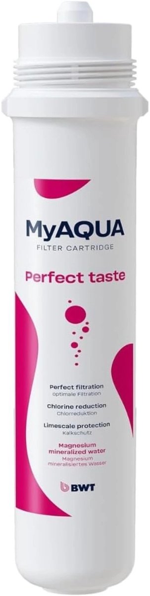 BWT MyAQUA “Perfect Taste” filterpatroon | Vervangingsfilters voor BWT MyAqua systemen | Zorgt voor zuiver en fris drinkwater | Vermindert chloor, kalk en onzuiverheden | Eenvoudig te vervangen | Hoge filtercapaciteit