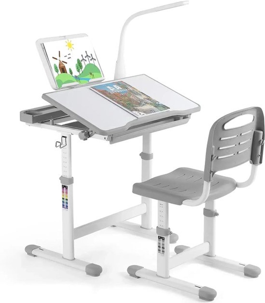 Ergonomisch Kinderbureau – Kinderbureau Met Stoel – Verstelbaar Bureau – LED Leeslamp – Ka