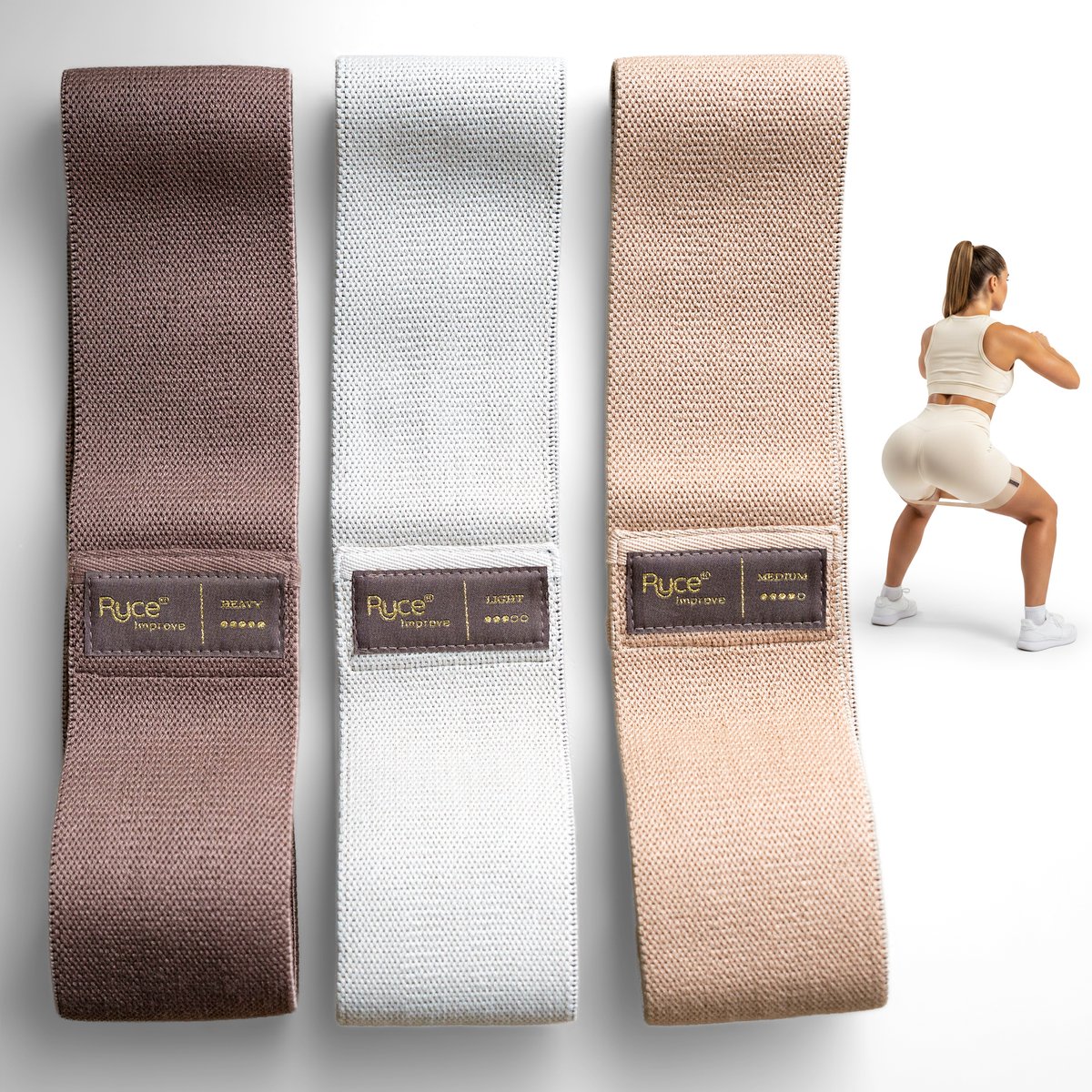 Ryce® Weerstandsbanden Set Inclusief Draagtas - 3 Delig - Resistance Band - Fitness Elastiek - Booty - Extra Sterk - Beige