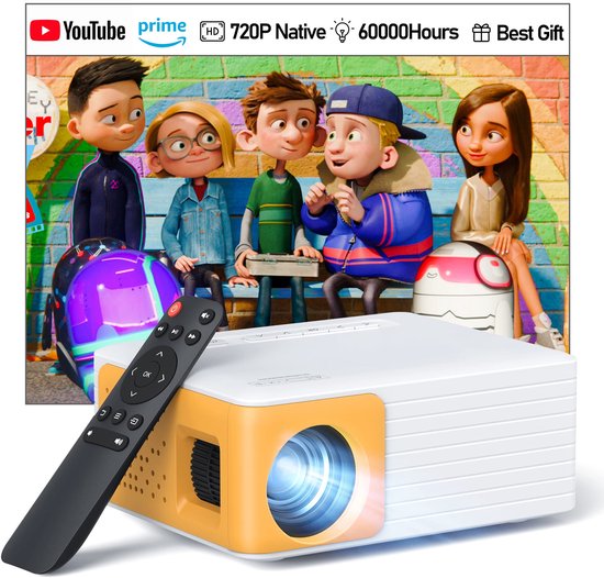 Een witte en gele projector met een afstandsbediening. Op de achtergrond een animatie van vijf kinderen.