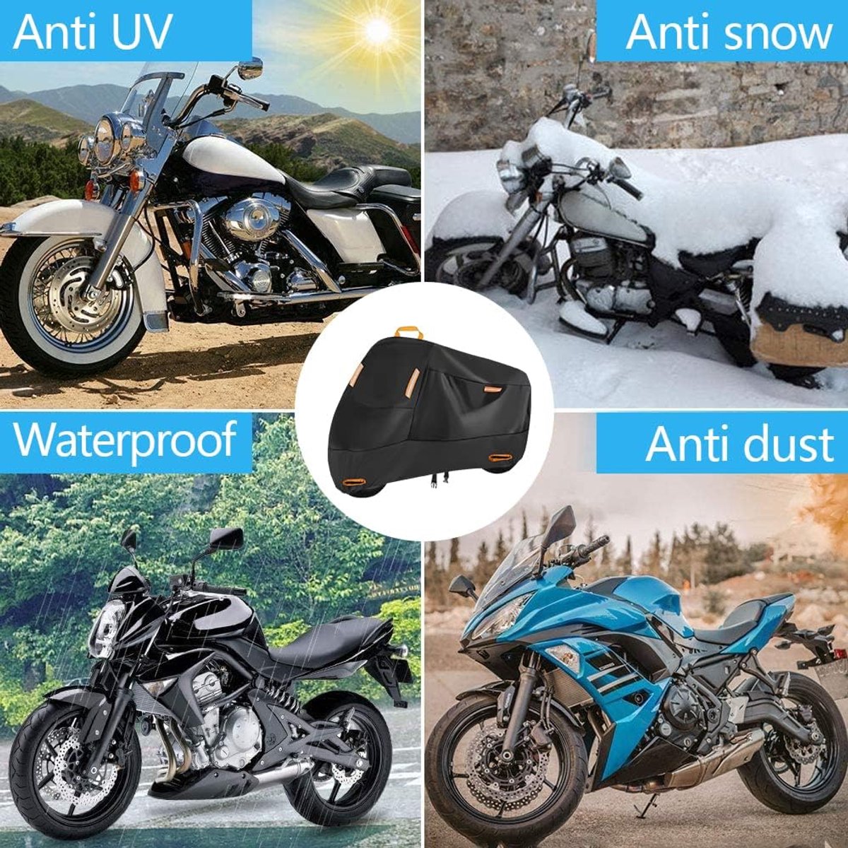 Motorhoes - Duurzaam, geschikt voor alle seizoenen - Waterdicht voor buiten - Waterdichte hoes - Scooterhoes voor buiten - Geschikt voor motoren, elektrische fietsen, enz. - Geschikt voor hoogtes tot 2,3 meter - Zwart (oranje streep) - 1 stuk – foto 4