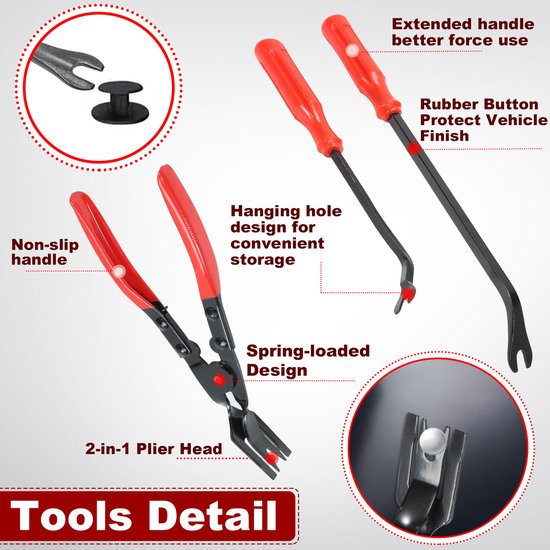 Set van autogereedschap met rode en zwarte handgrepen, waaronder een 2-in-1 tang en een verlengde hefboom.
