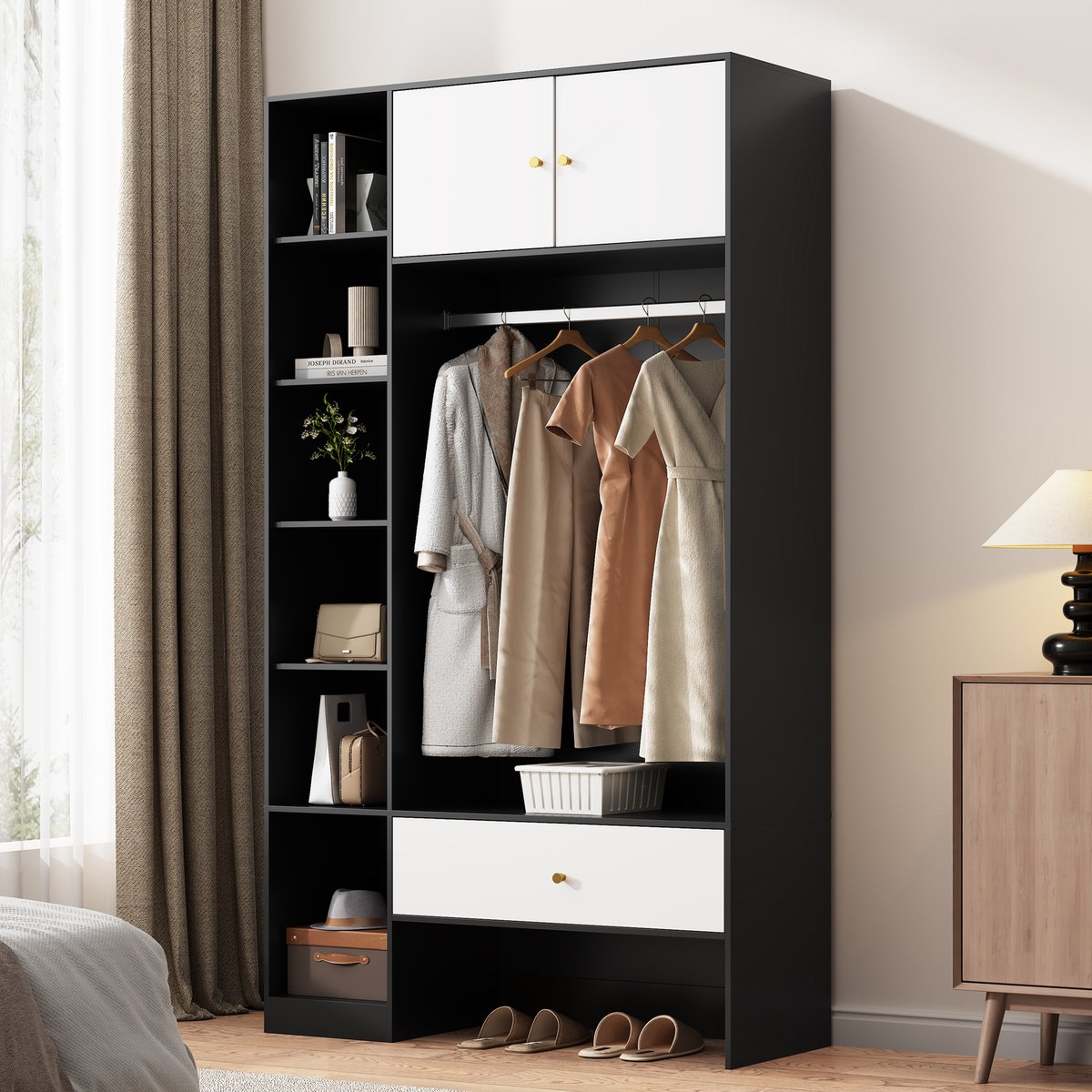 Compacte halgarderobe in zwart-wit- Garderobenset met 2 deuren-6 vakken-kledingstang en lade-Afmetingen- 105 x 185 x 40 cm