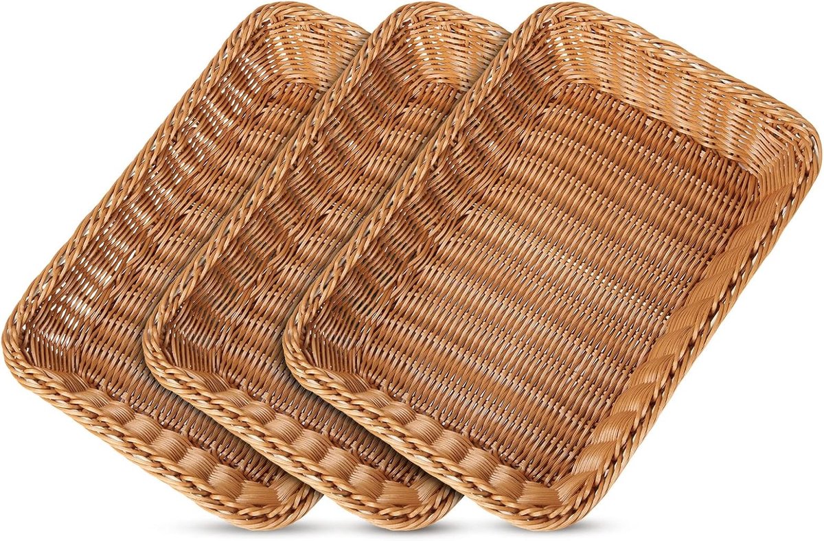 JeiibrZui Broodmanden Set - 35x25x7 cm - 3 Stuks - Stapelbaar - Bruin Rattan Look voor Ontbijt, Picknick en Keukenopberg