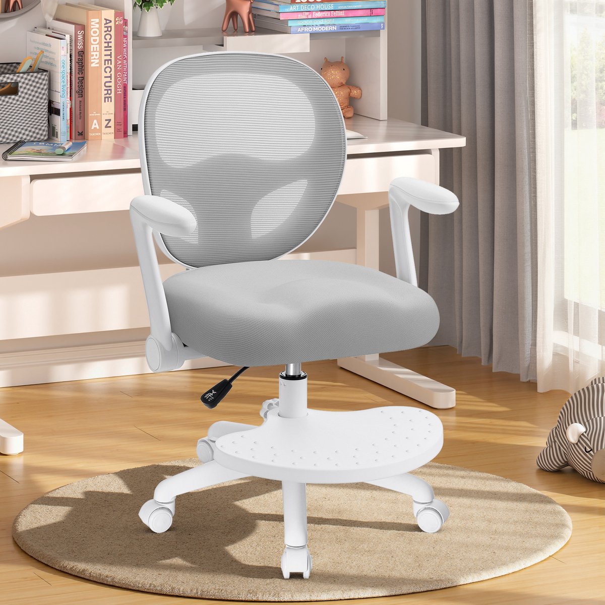 HOFFREE Ergonomische Kinder Draaistoel met Opklapbare Armleuningen & Voetensteun, Ademend Netwerk, Grijs, voor Jongens en Meisjes