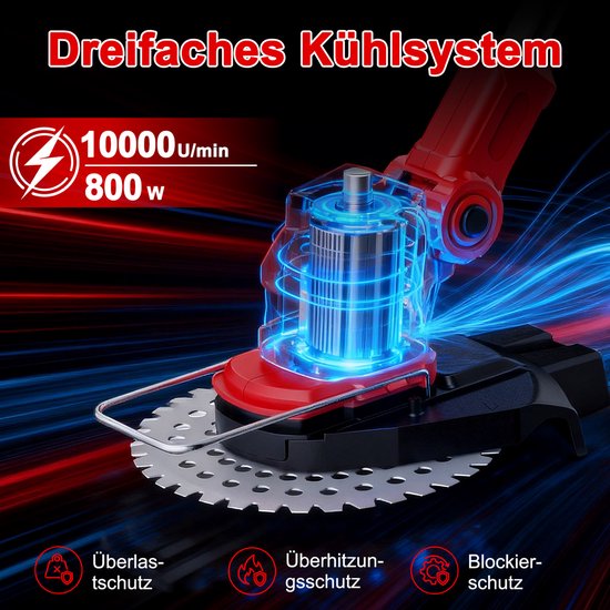 Rode grastrimmer met een zichtbaar koelsysteem. De tekst vermeldt '10000 U/min 800 W' en 'Drievoudig koelsysteem'.