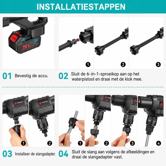 Draadloze hogedrukreiniger, 40 bar draagbare hogedrukreiniger met 1500mAh batterij, 6-in-1 multi-sproeimondstuk 5M slang voor auto, terras, tuin, hek, zwembad van Merkloos	 — afbeelding 3