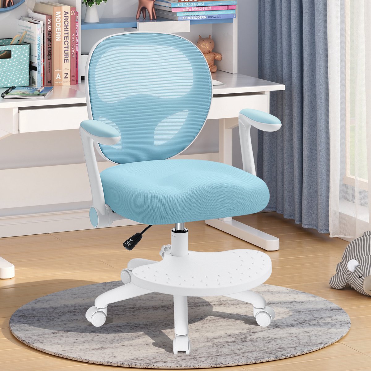 HOFFREE Ergonomische Kinder Draaistoel met Opklapbare Armleuningen & Voetensteun, Ademend Netwerk, Blauw, voor Jongens en Meisjes