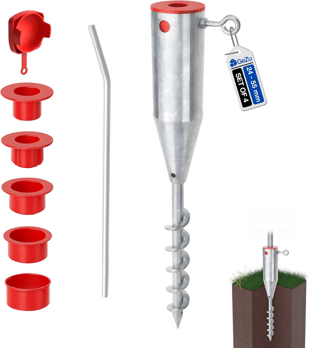 GEZU IMPEX Parasolhouder Thermisch verzinkt Set van 4 ⌀ 25 to ⌀ 62 mm grond parasolstandaard vloerpluggen parasol inschroef paalvoet