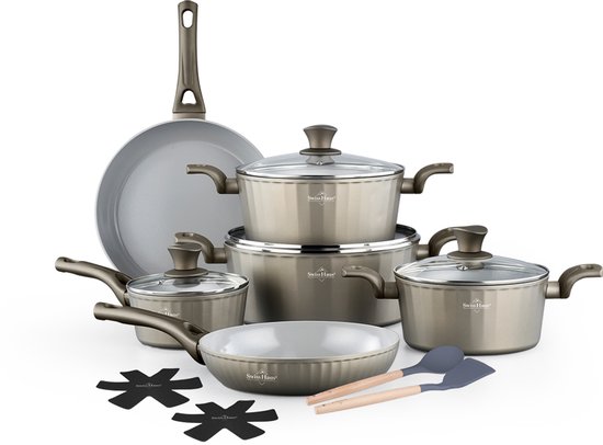 Swiss Haus® CC3014CH 14-delige Pannenset Inductie – PFAS Vrij – Keramische Antiaanbaklaag – Complete Inductie Pannenset - Koekenpannen, Braadpannen met Deksel & Steelpan - Champagne