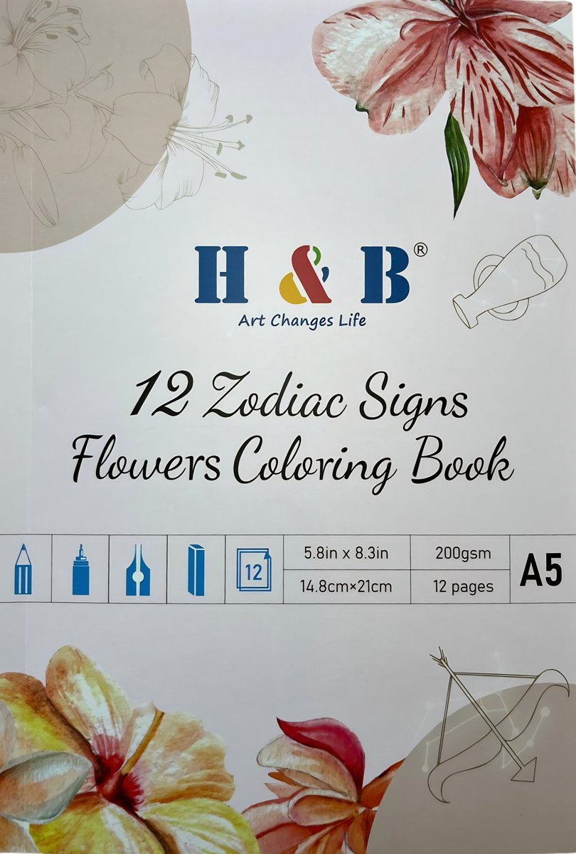 Kleurboek voor Volwassenen, Tieners en Kinderen - Coloring Book Zodiac Bloemen - 12 Gedetailleerde Kleurplaten - Enkelzijdig - Tekenboek - Doeboek