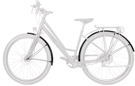 Glanzende zwarte SKS spatborden gemonteerd op een fiets.
